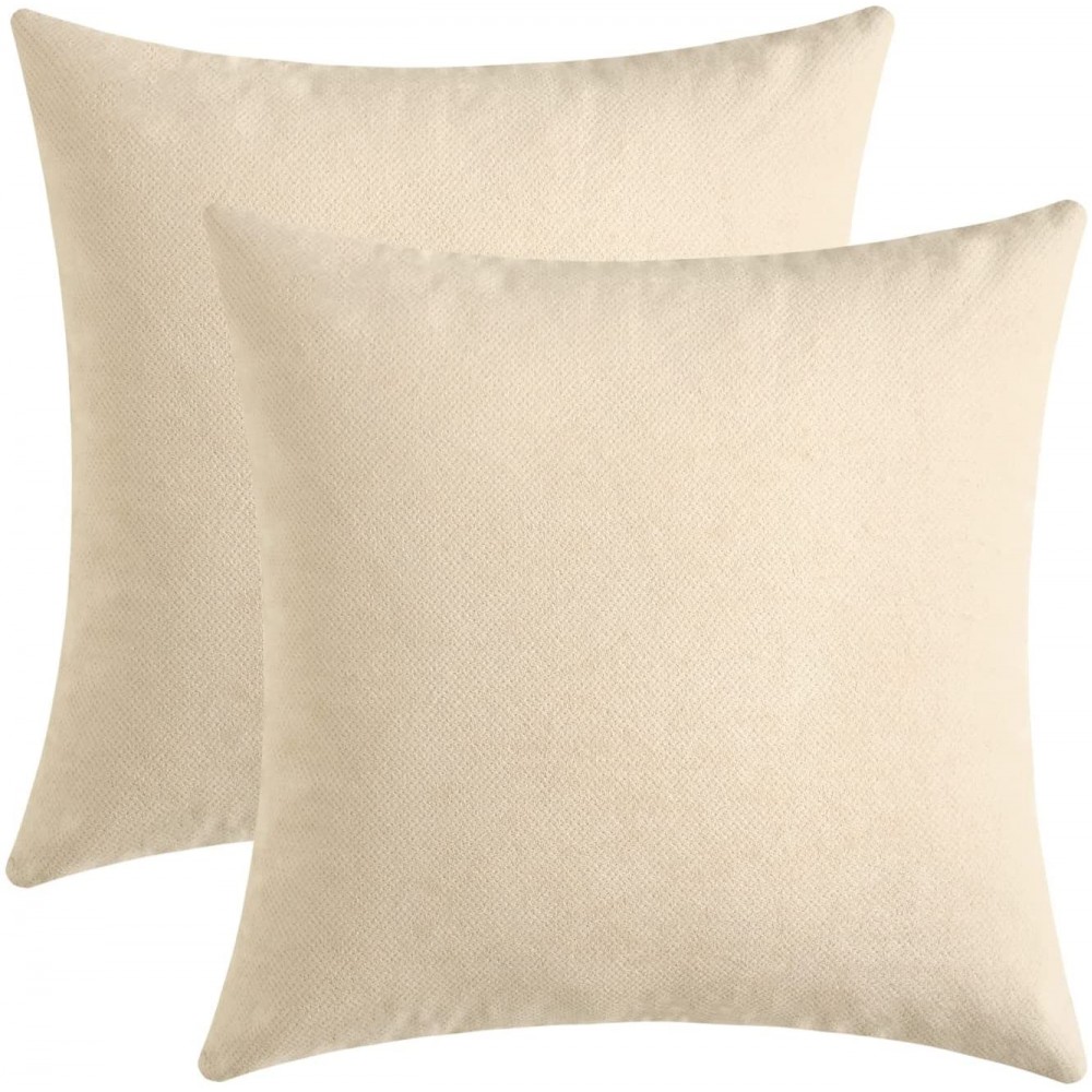 Jeneoo Decorative Cream Beige Throw Pillow Covers Rustic Farmhouse Super Soft Square Chenille Comfy Solid Cushion Couch Cases for Sofa Bedroom Chair Set of 2 18 x 18 Inches