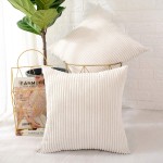 MERNETTE Pack of 2 Corduroy Soft Decorative Square Throw Pillow Cover Cushion Covers Pillowcase Home Decor Decorations for Sofa Couch Bed Chair 20x20 Inch 50x50 cm Striped Cream