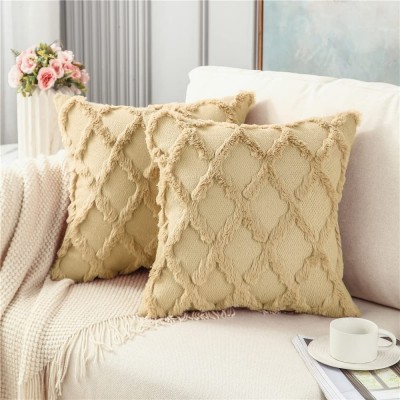 OMIO Pack of 2 Soft Plush Short Faux Wool Velvet Decorative Throw Pillow Covers Luxury Square Pillowcases Boho Cushion Covers for Couch Sofa Bedroom 20"x20" Beige