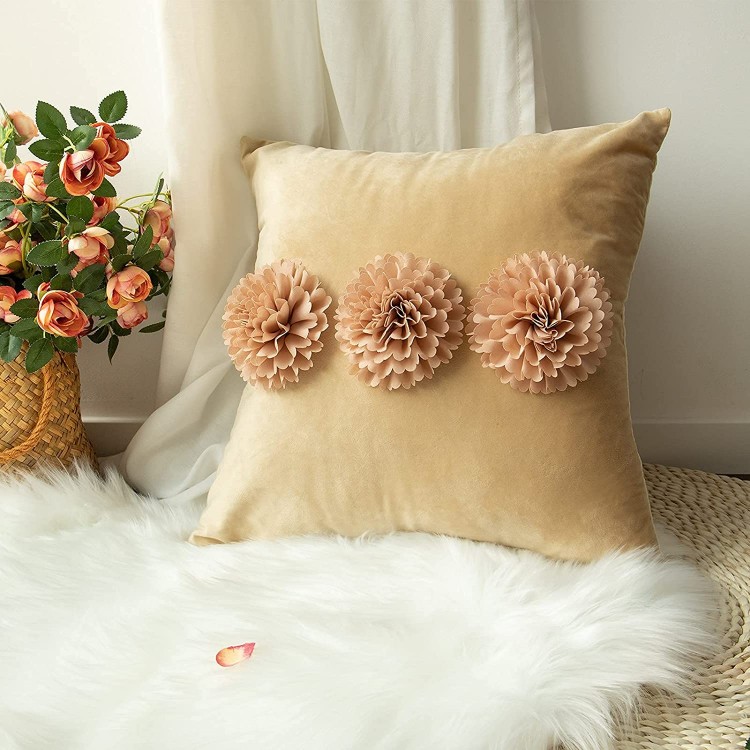 Tayis 2 Pack Decorative Throw Pillows Covers 18x18 inch ,Khaki Velvet Handmade 3D Flower Pillowcases,Soft Cushion Cases for Home Sofa Car Bed Room