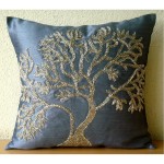 The HomeCentric Handmade Blue Pillows Cover Beaded Tree Decorative Pillows Cover 18x18 inch 45x45 cm Throw Pillow Covers Square Silk Pillows Cover Floral Pillow Modern Style Paradise Tree
