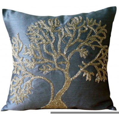 The HomeCentric Handmade Blue Pillows Cover Beaded Tree Decorative Pillows Cover 18x18 inch 45x45 cm Throw Pillow Covers Square Silk Pillows Cover Floral Pillow Modern Style Paradise Tree