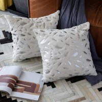 Throw Pillows Covers 18 x 18,Set of 2 White Fur with Silver Leaves Soft Throw Pillows for Couch Bed,Accent Home Decorative Square Cushions Cases Shams Pillowcases Farmhouse,45 x 45 cm