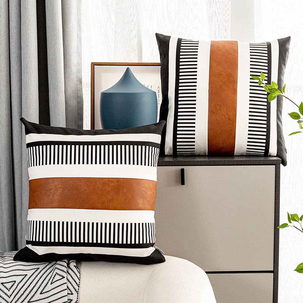 Vfuty Pack of 2 Faux Leather Throw Pillow Covers for Couch Sofa Decorative Square Cushion Cover Tribal Stripe Farmhouse Accent Pillow Case 20 x 20 Inch Black