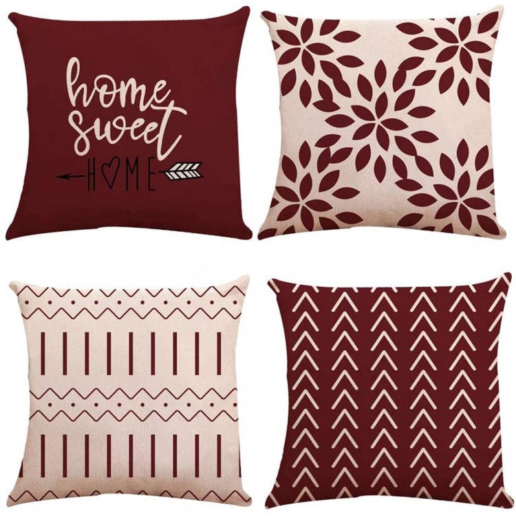 YCOLL Burgundy Pillow Covers 18x18 Set of 4 Modern Sofa Throw Pillow Cover Decorative Outdoor Linen Fabric Pillow Case for Couch Bed Car 45x45cm Wine Red 18x18,Set of 4