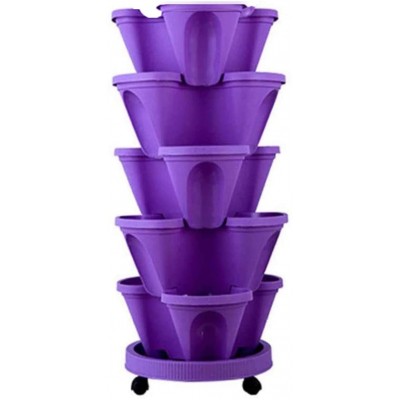 5 Tier Stackable Flowerpot with Universal Wheel Tray Plastic Smart Planting Pots Stand Stacking Planters Strawberry Planting Pots Vertical Gardening Planter Stackable Flower Pot Tower Purple