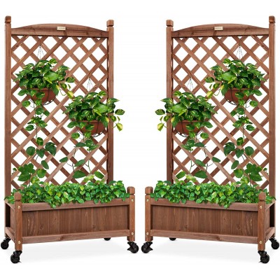 Best Choice Products Set of 2 48in Wood Planter Box & Diamond Lattice Trellis Mobile Outdoor Raised Garden Bed for Climbing Plants w Drainage Holes Optional Wheels Walnut