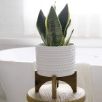 Ceramic Planter with Wood Stand 8 Inch White Cylinder Embossed Hobnail Patterned Flower Plant Pot Indoor