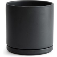 D'vine Dev Ceramic Planter Pot with Drainage Hole and Saucer Indoor Cylinder Round Planter Pot 8 Inch Black 94-O-M-2