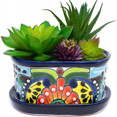 ENCHANTED TALAVERA Small Ceramic Succulent Pot Mini Flower Planter Cactus Bonsai Pot W Drainage & Drip Dish Home Garden Office Desk Décor Gift Set Multi Color