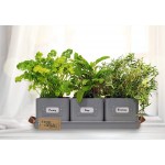 Herb Planter Pots Set of 3 with Name Cards and Drainage Tray Indoor Metal Vintage French Square Enamel for Kitchen Windowsill and Home Garden. Warm Stone