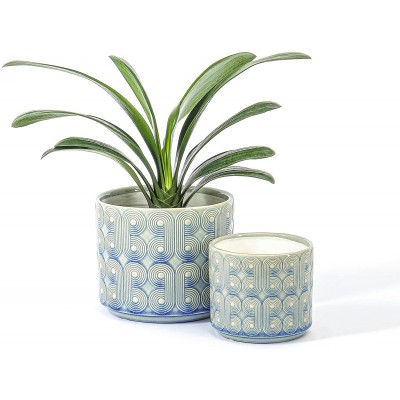 La Jolie Muse Ceramic Planter Set of 2 6.6 Inch Greece Style Embossed Flower Pot W  Drain Hole for Indoor W  Classic Scrolls Pattern Peacock Blue