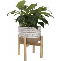 Large Ceramic Plant Pot with Stand 9.4 Inch Modern Cylinder Indoor Planter with Drainage Hole for Snake Plants Fiddle Fig Tree Artificial Plants Beige & White