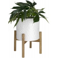 Large Ceramic Plant Pot with Wood Stand 10 Inch White Cylinder Floral Pattern Embossed Flower Pot Indoor with Wooden Planter Holder