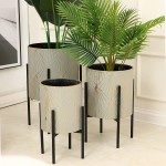LuxenHome Planters for Indoor Plants Set of 3 Plant Pots Luxury Flower Pots Gray and Gold Metal Cachepot Planters with Black Stand