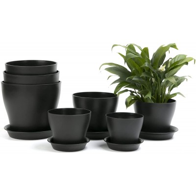 MISOLIFE Plastic Plant Pots Set of 7 Indoor Outdoor Flower Pot with Multiple Drainage Holes and Trays Planter Pot for Home Garden Succulents Cactus Black