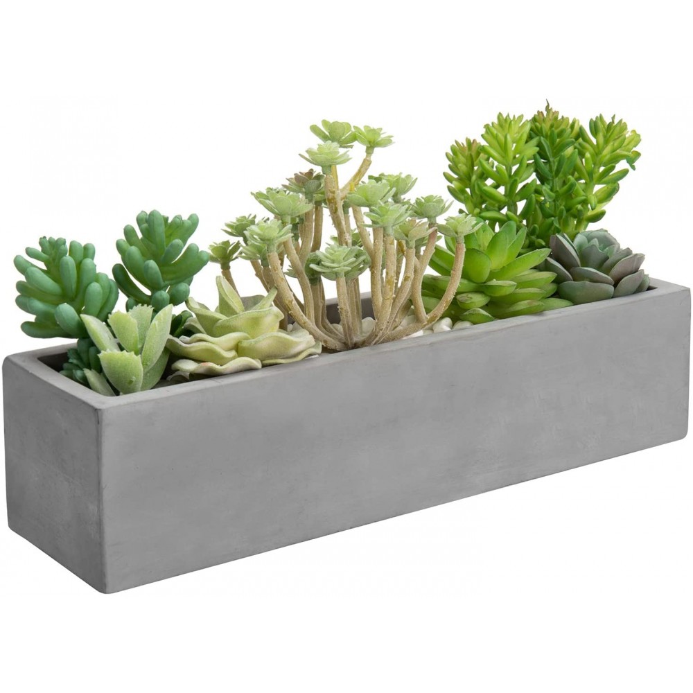 MyGift 12-inch Modern Gray Cement Plant Pot with Drainage Holes Rectangular Minimalist Succulent Planter
