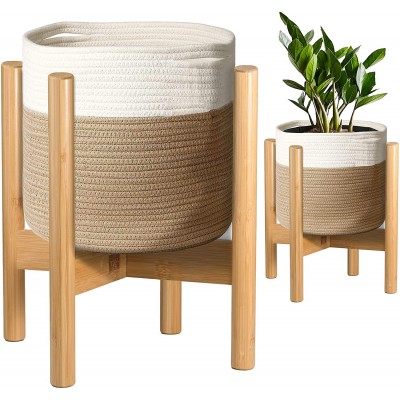 Plant Basket with Stand Fits Planter Pot 10 to 11- Inch Dia Wood Plant Stands Plus Cotton Rope Basket Holders for Indoor Plants and Flowers All-natural and Elegant