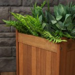 Sunnydaze Meranti Wood Outdoor Planter Box with Teak Oil Finish Square Wooden Flower and Herb Pot for Garden Porch and Patio Outside Plant and Vegetable Container 16-Inch Set of 2