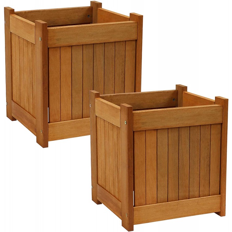 Sunnydaze Meranti Wood Outdoor Planter Box with Teak Oil Finish Square Wooden Flower and Herb Pot for Garden Porch and Patio Outside Plant and Vegetable Container 16-Inch Set of 2