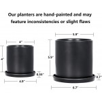 TIMEYARD Plant Pots Indoor Modern Planters with Drainage Hole and Tray Matte Black Ceramic Cylinder Planters 4in 6in for Flowers Succulents Mid Century Home Garden Decor Set of 2