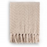 BATTILO HOME Boon Knitted Zig-Zag Textured Tweed Throw Couch Cover Blanket Warm Decorative Beige Throw Blanket with Tassels for Bed 50" x 60"