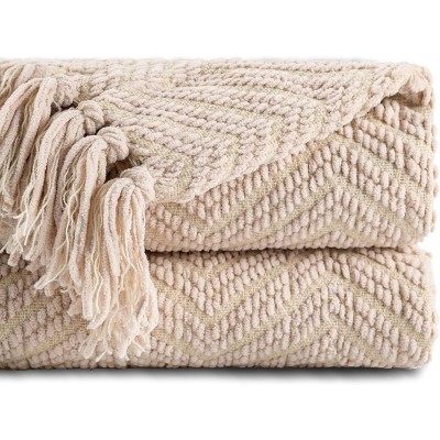 BATTILO HOME Boon Knitted Zig-Zag Textured Tweed Throw Couch Cover Blanket Warm Decorative Beige Throw Blanket with Tassels for Bed 50" x 60"