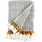 Brand – Rivet Modern Hand-Woven Stripe Fringe Throw Blanket 50" x 60" Grey and White with Mustard Yellow