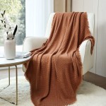 CREVENT Farmhouse Rust Knit Throw Blanket for Couch Sofa Chair Bed Home Decoration Soft Warm Cozy Light Weight for Spring Summer Fall 50''X60'' Caramel Brown Burnt Orange
