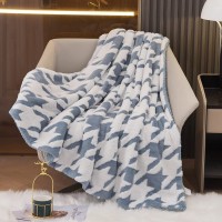 HT&PJ Sherpa Fleece Throw Blanket Houndstooth Fuzzy Soft Warm Thick for All Seasons Couch Bed Sofa Blue White Throw50"X60"