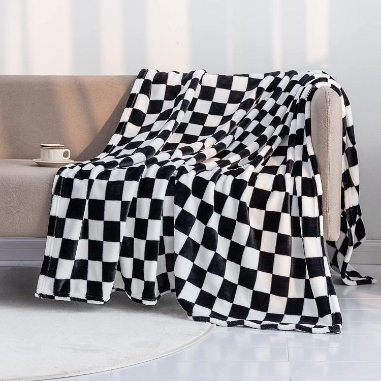 LOMAO Throw Blankets Flannel Blanket with Checkerboard Grid Pattern Soft Throw Blanket for Couch Bed Sofa Luxurious Warm and Cozy for All Seasons Black 51"x63"