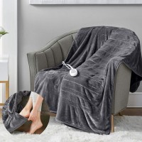 Micro-Plush Heated Blanket with Foot Pocket Grey 50x62 Inch | Soft Toe Warmers Electric Throw Blankets for Couch | 3 Heat Settings with Auto Shut-Off | 6Ft Power Cord | Washable