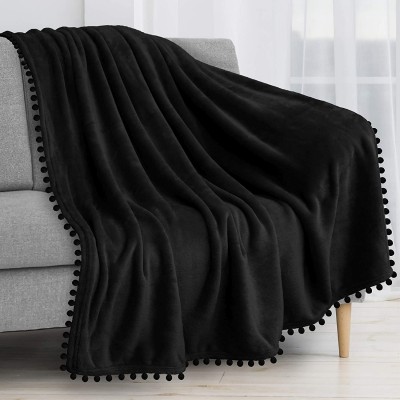 PAVILIA Pom Pom Blanket Throw Solid Black | Soft Fleece Pompom Fringe Blanket for Couch Bed Sofa | Decorative Cozy Plush Warm Flannel Velvet Tassel Throw Blanket 50x60