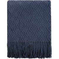 PHF Acrylic Knit Throw Blanket 50 x 60 inches Lightweight Soft Cozy Decorative Woven Blanket with Tassels for Couch Bed Sofa Chair Home Travel Suitable for All Seasons Navy