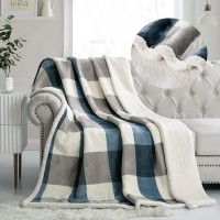 PU MEI Sherpa Fleece Throw Blanket 60" x 80" Reversible Plush Fluffy Lattice Flannel Blankets for Sofa Couch Bed Grey-Blue