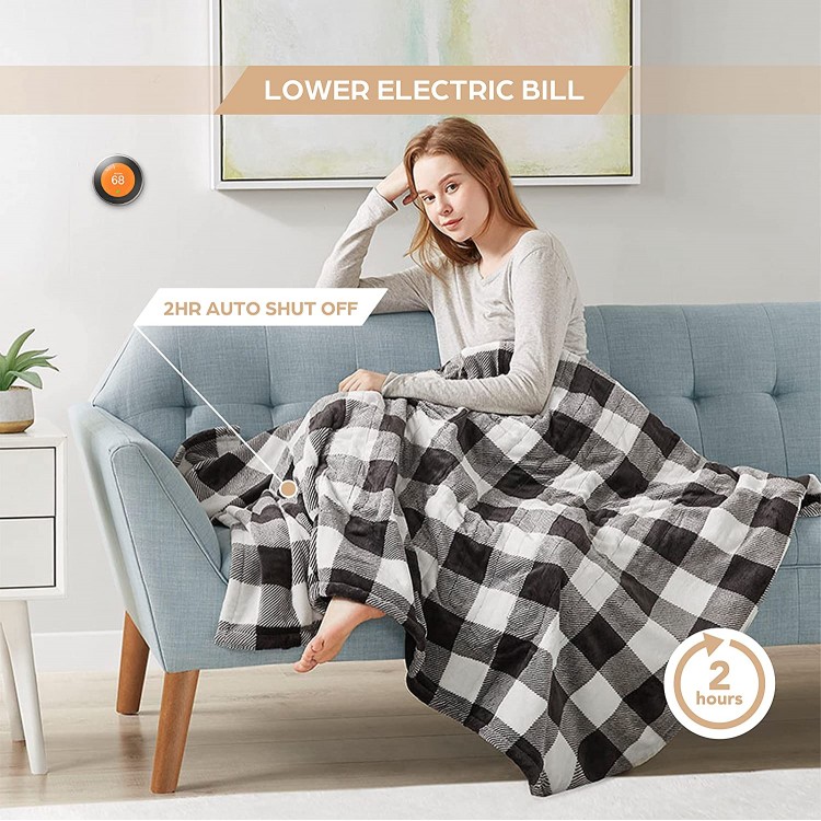 Soft Plush Electric Heated Blanket Throw White Black Plaid Microlight Therapedic Throws | 3 Heat Setting with Auto Shut Off 6ft Power Cord | Washable