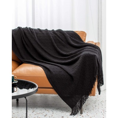 SPAOMY Throw Blanket Knit Blanket with Tassels Textured Cozy Lightweight Decorative Throw Blanket for Couch Bed Sofa Travel- All Seasons 50x60 Inch Black