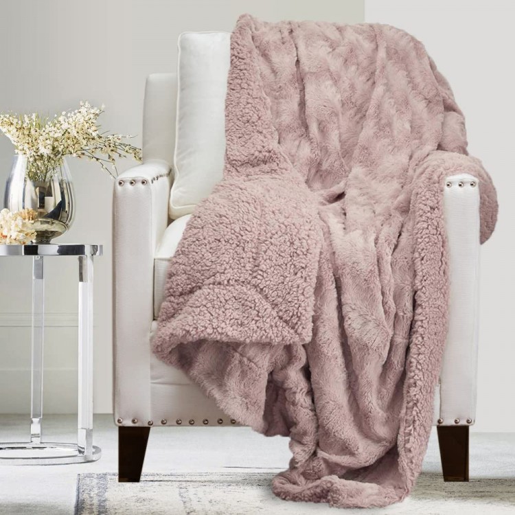 The Connecticut Home Company Soft Fluffy Warm Faux Fur and Sherpa Throw Blanket Luxury Thick Fuzzy Blankets for Home and Bedroom Décor Washable Accent Throws for Sofa Beds Couch 65x50 Dusty Rose