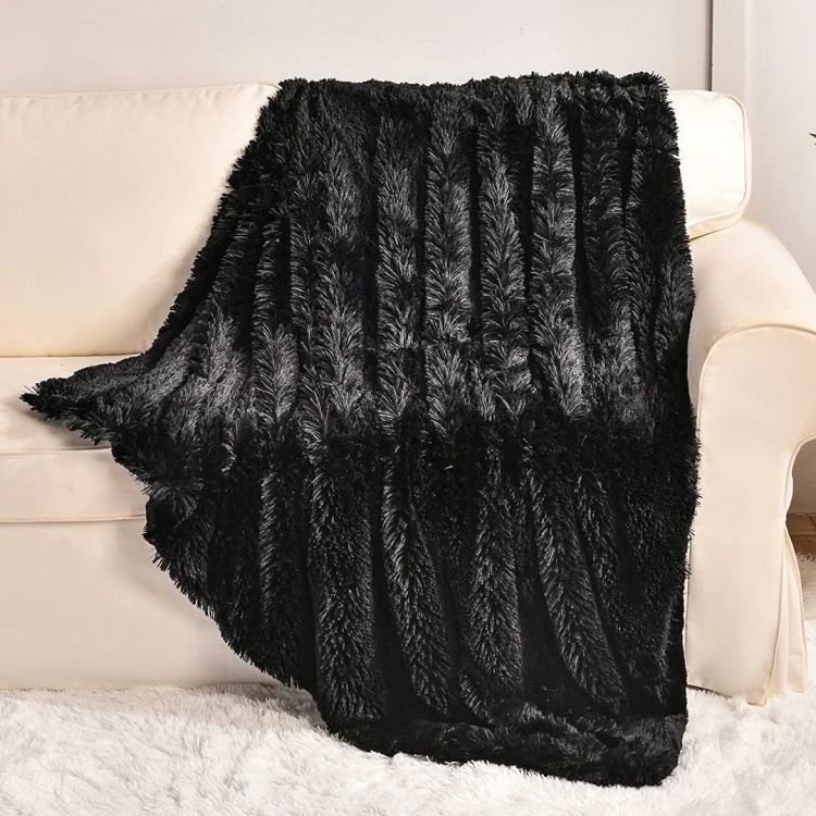 Yusoki Black Faux Fur Throw Blanket,2 Layers,50" x 60" Soft Fuzzy Fluffy Plush Furry Comfy Warm Blanket for Couch Bed Chair Sofa Bedroom Men