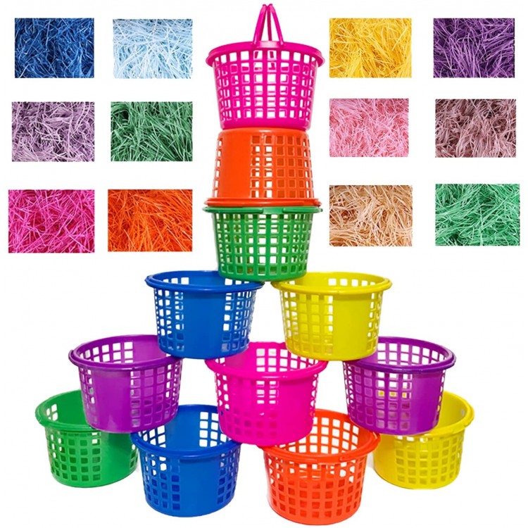 12+12 PCS Plastic Easter Eggs Baskets with Handles Basket Grass for Kids Candy Hunting,Colorful Round Buckets Easter Baskets Bulk for Festival Party