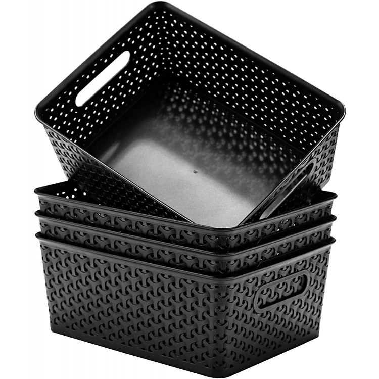 Aebeky Plastic Storage Basket,Medium Weave Basket Organizer,4-Pack Black