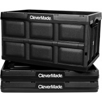 CleverMade 32L Collapsible Storage Bins Folding Plastic Stackable Utility Crates Solid Wall No Lid 3 Pack Black
