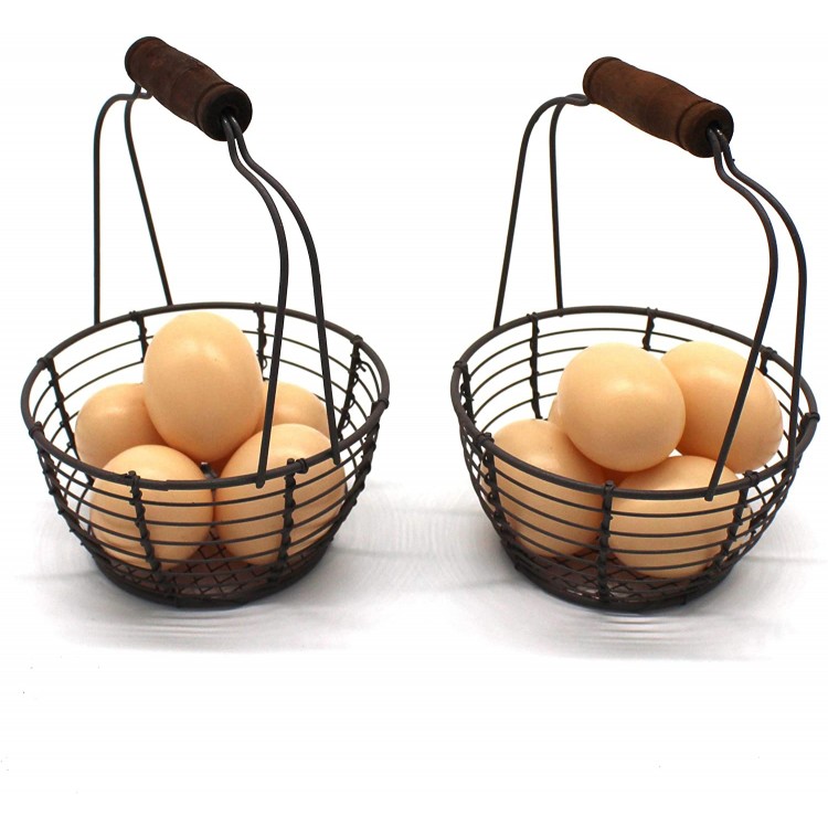 CVHOMEDECO. Metal Wire Mini Egg Baskets Rust Gathering Baskets with Wooden Handle Country Vintage Style Storage Baskets. Set of 2