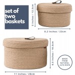 DENJA & CO Round Baskets with Lids Set of 2 Decorative Jute Baskets with Lids for Organizing Natural Jute Rope Lidded Baskets with Genuine Leather Tabs Storage Baskets with Lids