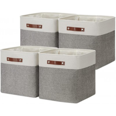 DULLEMELO Cube Storage Baskets,13 x 13 x 13 inch Fabric Storage Cubes for Shelves,Collapsible Linen Canvas Closet Storage Bins for Home Organization and StorageWhite&Grey