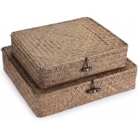 Hipiwe Set of 2 Flat Woven Wicker Storage Bins with Lid Natural Seagrass Basket Boxes Multipurpose Home Organizer Bins Boxes for Shelf Organizer Coffee Coffee