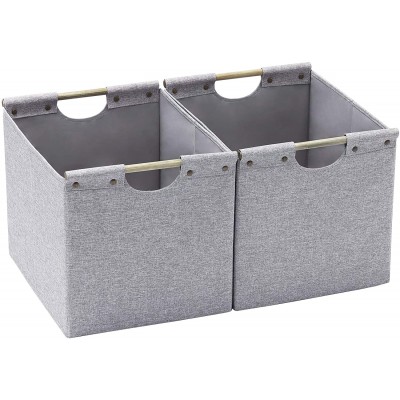 HOONEX Large Foldable Storage Bins Linen Fabric 2 Pack with Wooden Carry Handles and Sturdy Heavy Cardboard for Home Office Car Nursery Light Grey