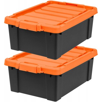 IRIS USA SIA Heavy-Duty Storage Plastic Bin Tote Container with Durable Lid and Secure Latching Buckles Garage and Metal Rack organizing 11 Gal. 2 Pack Black Orange 1408 Fl Oz