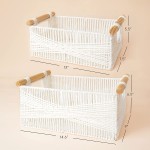 LA JOLIE MUSE Wicker Storage Baskets for Organizing Recyclable Paper Rope Basket with Wood Handles Decorative Hand Woven Basket Organizers for Makeup Books Shelves Living Room White Set of 2