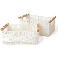 LA JOLIE MUSE Wicker Storage Baskets for Organizing Recyclable Paper Rope Basket with Wood Handles Decorative Hand Woven Basket Organizers for Makeup Books Shelves Living Room White Set of 2